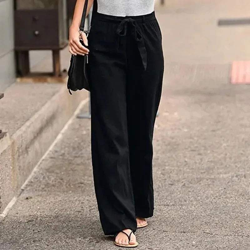 Cotton Linen Wide Leg Soft Pants Women Spring Summer Pleated Casual Straight Pants High Waist Breathable Long Pants With Pockets