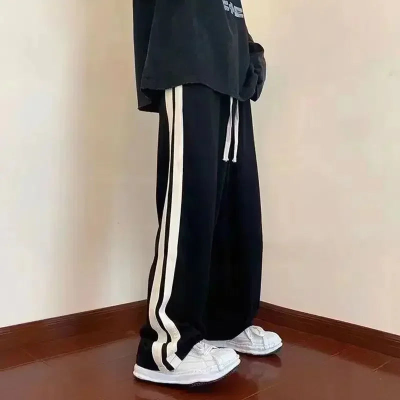 2026 Korean Fashion Wide Leg Pant Women Loose Casual Striped High Waist Woman Hiphop Elastic Waists Pocket Straight Pants