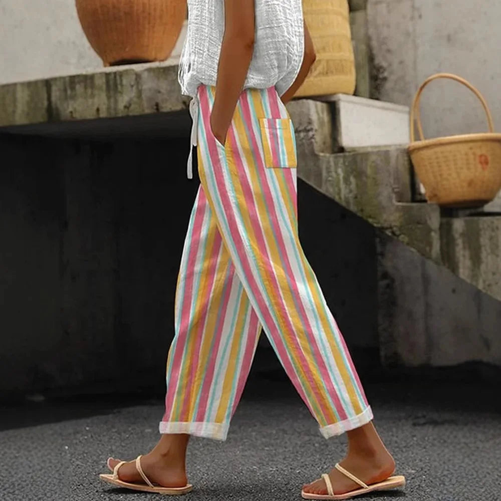 2026 New Women's Trousers Vertical Striped Drawstring Elastic Waist Pocket Fashion Street Versatile Casual Pants