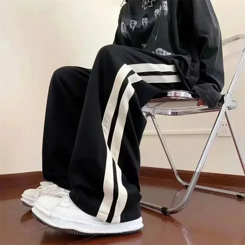 2026 Korean Fashion Wide Leg Pant Women Loose Casual Striped High Waist Woman Hiphop Elastic Waists Pocket Straight Pants