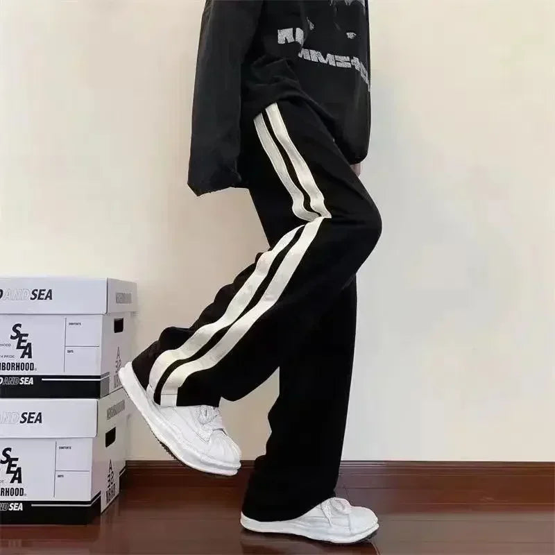 2026 Korean Fashion Wide Leg Pant Women Loose Casual Striped High Waist Woman Hiphop Elastic Waists Pocket Straight Pants