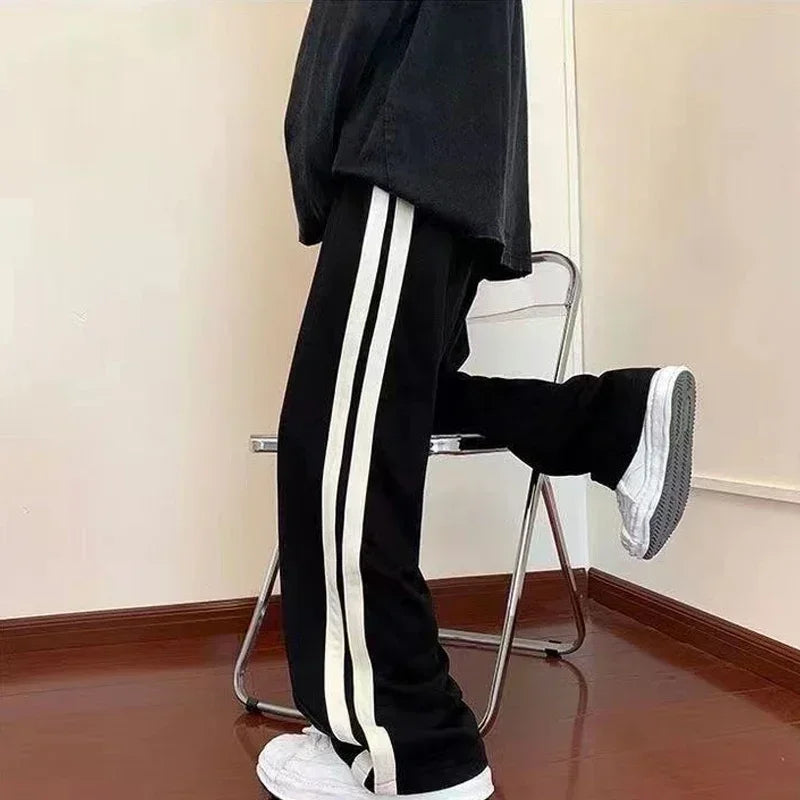 2026 Korean Fashion Wide Leg Pant Women Loose Casual Striped High Waist Woman Hiphop Elastic Waists Pocket Straight Pants