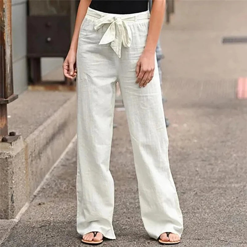 Cotton Linen Wide Leg Soft Pants Women Spring Summer Pleated Casual Straight Pants High Waist Breathable Long Pants With Pockets