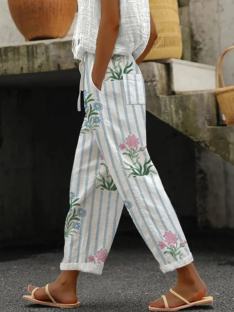 2026 New Women's Trousers Vertical Striped Drawstring Elastic Waist Pocket Fashion Street Versatile Casual Pants