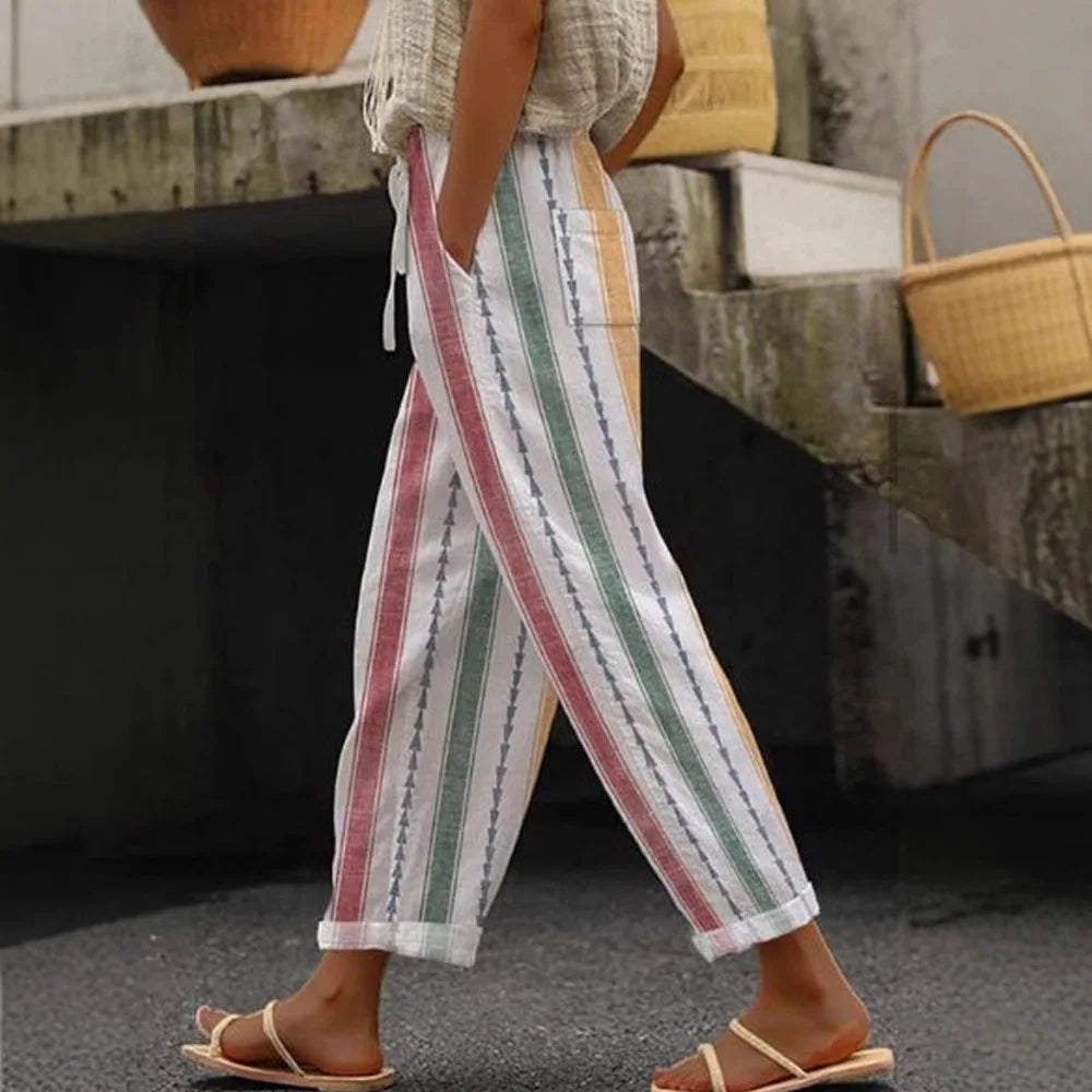 2026 New Women's Trousers Vertical Striped Drawstring Elastic Waist Pocket Fashion Street Versatile Casual Pants