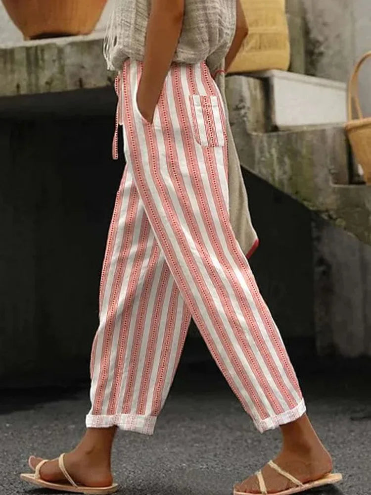 2026 New Women's Trousers Vertical Striped Drawstring Elastic Waist Pocket Fashion Street Versatile Casual Pants