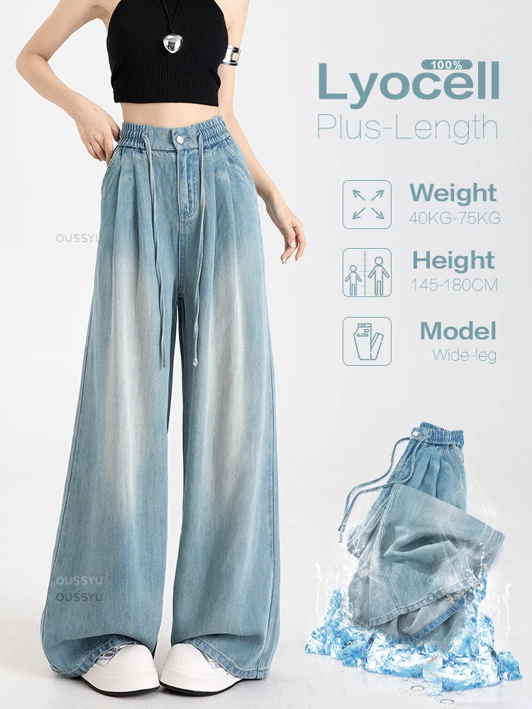 Summer Luxury Soft Cozy 100%Lyocell Fabric Woman Jeans Loose Wide Leg Elastic Waist Pants Fashion Casual Trousers Plus Length