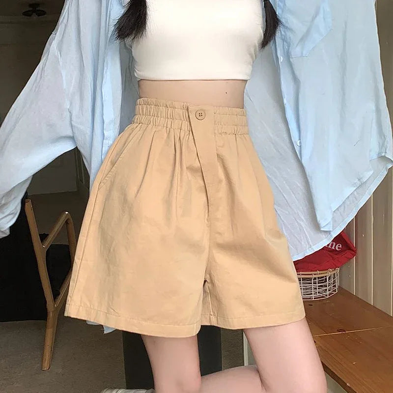 2026 Lady Classic One Button Short Pants Girls Comfortable High Waisted Wash Cotton Shorts Women Korean Casual Vacation Slacks