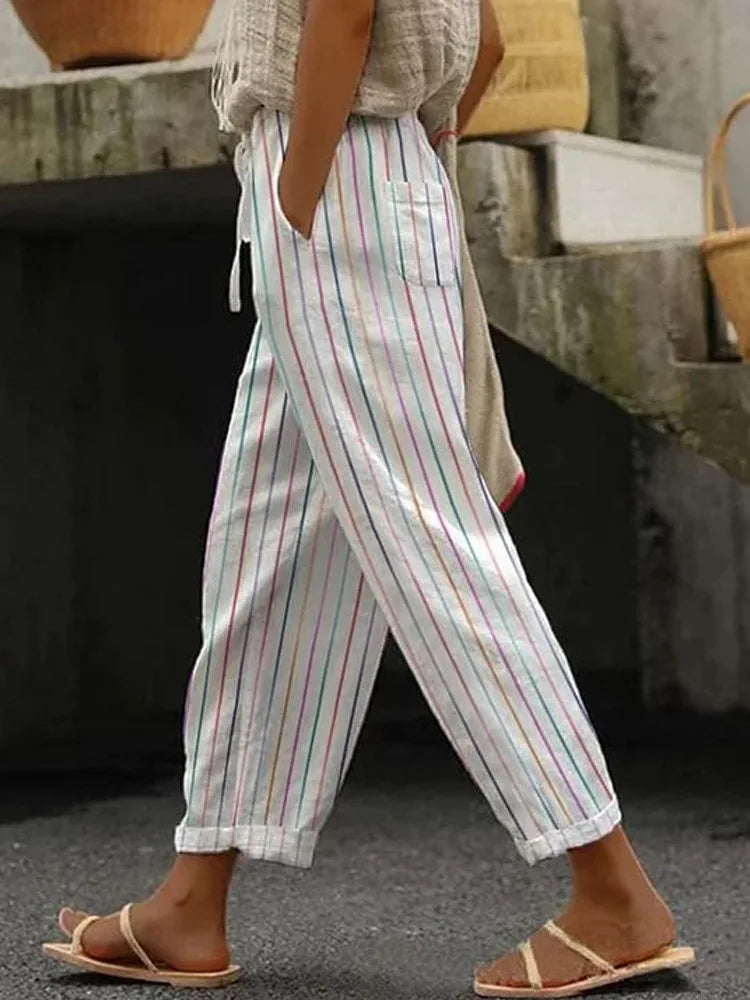 2026 New Women's Trousers Vertical Striped Drawstring Elastic Waist Pocket Fashion Street Versatile Casual Pants