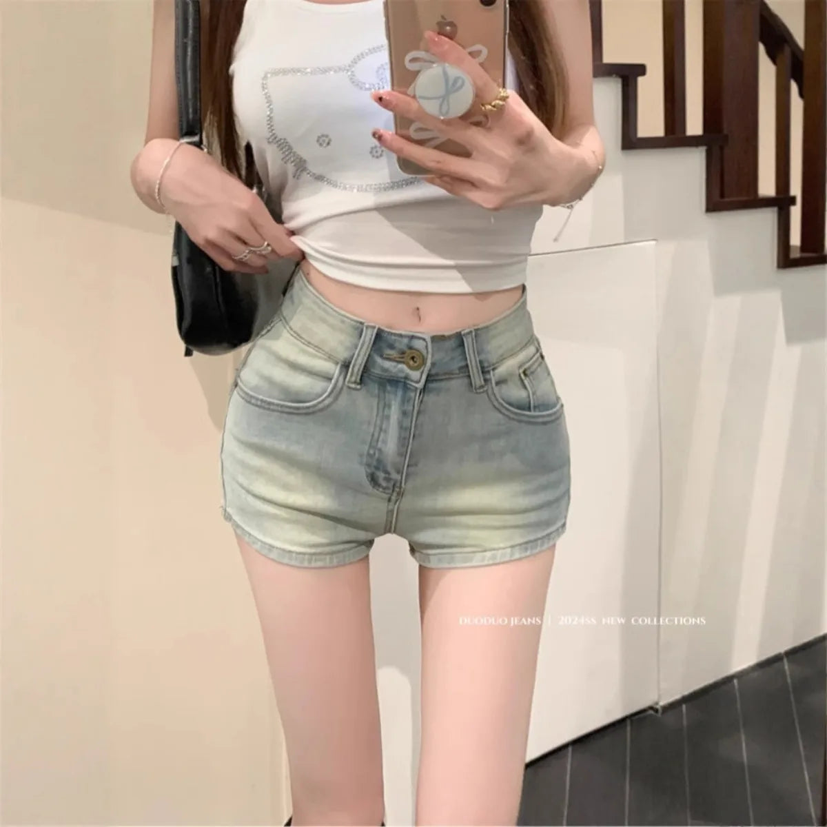 Jean Shorts Casual High-Waisted Light Blue Denim Shorts for Women, Vintage Wash Button Fly Sexy Tight A-Line Hot Pants Summer