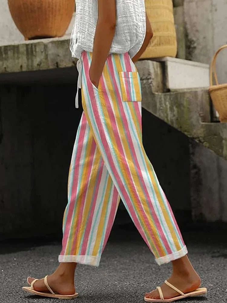 2026 New Women's Trousers Vertical Striped Drawstring Elastic Waist Pocket Fashion Street Versatile Casual Pants