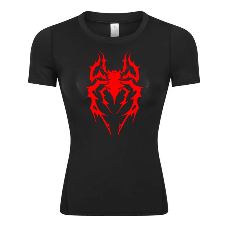 Spider Print Short Sleeve Compression Shirt for Women Athletic Running Workout Yoga T-Shirt Tees Baselayer Tops Gym Sports Gear