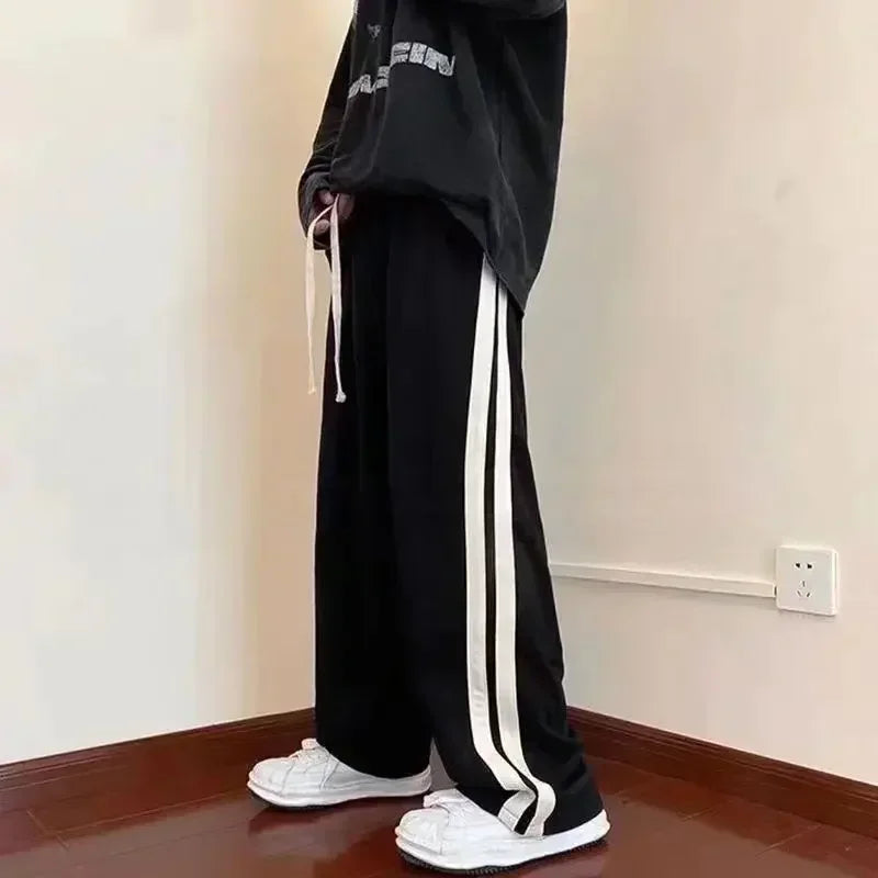 2026 Korean Fashion Wide Leg Pant Women Loose Casual Striped High Waist Woman Hiphop Elastic Waists Pocket Straight Pants