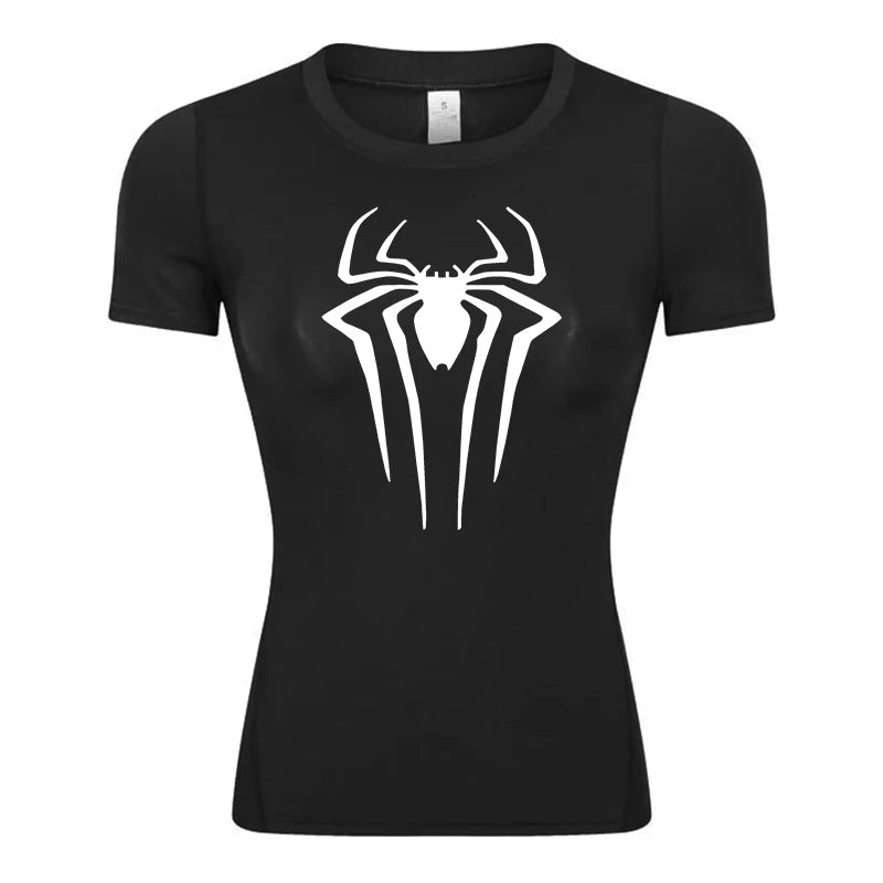 Spider Print Short Sleeve Compression Shirt for Women Athletic Running Workout Yoga T-Shirt Tees Baselayer Tops Gym Sports Gear