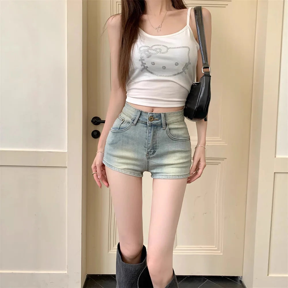 Jean Shorts Casual High-Waisted Light Blue Denim Shorts for Women, Vintage Wash Button Fly Sexy Tight A-Line Hot Pants Summer