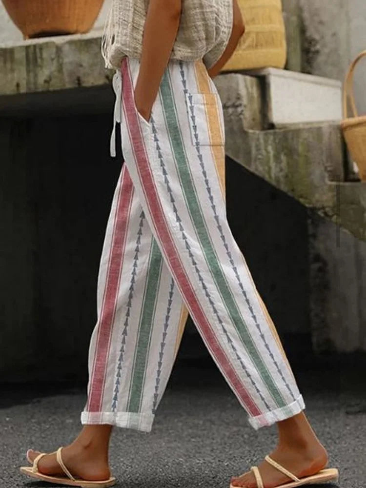 2026 New Women's Trousers Vertical Striped Drawstring Elastic Waist Pocket Fashion Street Versatile Casual Pants